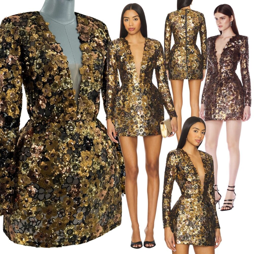 🆕 BRONX & BANCO 🧿 NWOT Isabella Long Sleeve Mini Dress, Gold Multi - Sz S US4